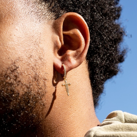Men's Yellow Gold Sterling Silver Iced Dangle Dagger Cross Hoop Earrings - Picture 4 of 5